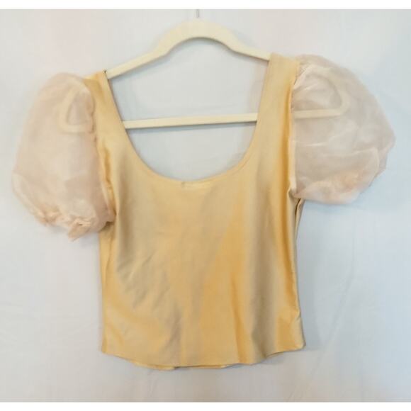 One by One Sheer Bouffant Puff Sleeve Cropped Pullover Top Gold Size L - Picture 2 of 5